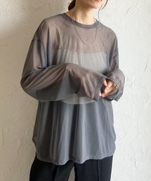 ビッグシルエットクルーネック長袖シースルー/シアーロングTシャツ シアーカットソートップス