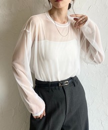 ビッグシルエットクルーネック長袖シースルー/シアーロングTシャツ シアーカットソートップス
