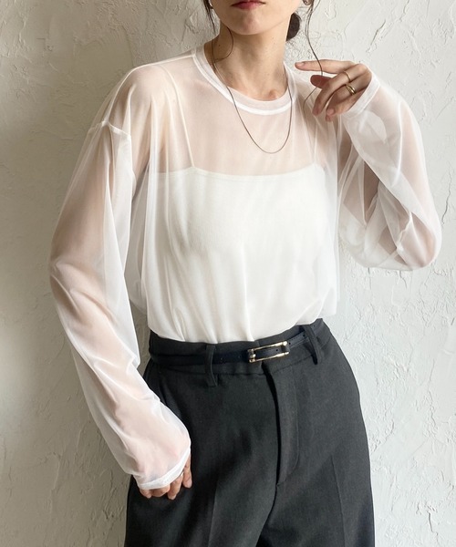 She's Closet（シーズクローゼット）の「ビッグシルエットクルーネック長袖シースルー/シアーロングTシャツ シアーカットソートップス（Tシャツ/カットソー・レディース・グレー/ブラウン/グリーン/ホワイト/ブラック/アイボリー・FREE）」の2枚目の写真