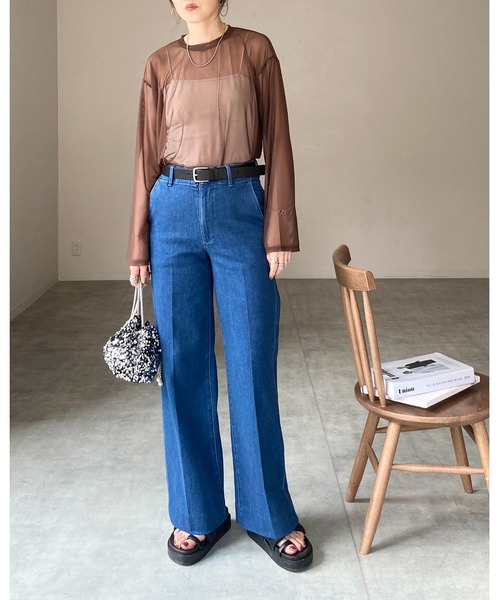 She's Closet（シーズクローゼット）の「ビッグシルエットクルーネック長袖シースルー/シアーロングTシャツ シアーカットソートップス（Tシャツ/カットソー・レディース・グレー/ブラウン/グリーン/ホワイト/ブラック/アイボリー・FREE）」の7枚目の写真