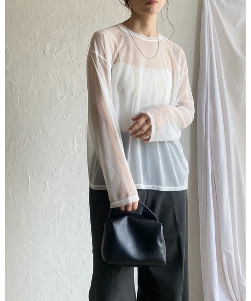 She's Closet（シーズクローゼット）の「ビッグシルエットクルーネック長袖シースルー/シアーロングTシャツ シアーカットソートップス（Tシャツ/カットソー・レディース・グレー/ブラウン/グリーン/ホワイト/ブラック/アイボリー・FREE）」の13枚目の写真