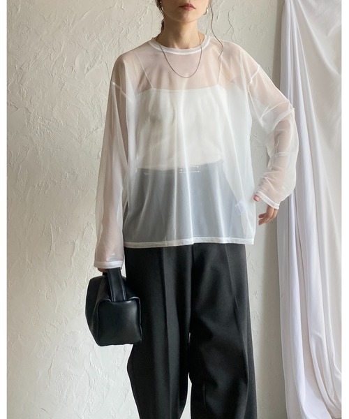 She's Closet（シーズクローゼット）の「ビッグシルエットクルーネック長袖シースルー/シアーロングTシャツ シアーカットソートップス（Tシャツ/カットソー・レディース・グレー/ブラウン/グリーン/ホワイト/ブラック/アイボリー・FREE）」の14枚目の写真