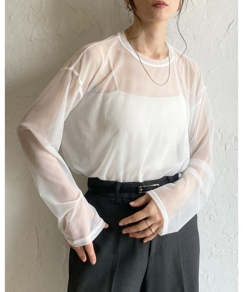 She's Closet（シーズクローゼット）の「ビッグシルエットクルーネック長袖シースルー/シアーロングTシャツ シアーカットソートップス（Tシャツ/カットソー・レディース・グレー/ブラウン/グリーン/ホワイト/ブラック/アイボリー・FREE）」の18枚目の写真