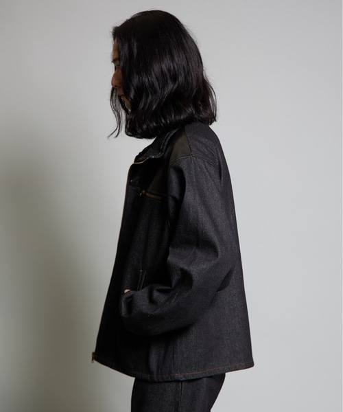 MandO（Auntie Rosa）（エムオー）の「【MandO】合皮配色ジップデニムジャケット/セットアップ可（デニムジャケット・メンズ・ブラック/インディゴブルー・MEDIUM/LARGE）」の4枚目の写真
