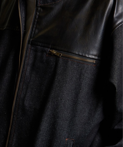 MandO（Auntie Rosa）（エムオー）の「【MandO】合皮配色ジップデニムジャケット/セットアップ可（デニムジャケット・メンズ・ブラック/インディゴブルー・MEDIUM/LARGE）」の7枚目の写真