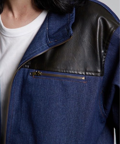 MandO（Auntie Rosa）（エムオー）の「【MandO】合皮配色ジップデニムジャケット/セットアップ可（デニムジャケット・メンズ・ブラック/インディゴブルー・MEDIUM/LARGE）」の11枚目の写真
