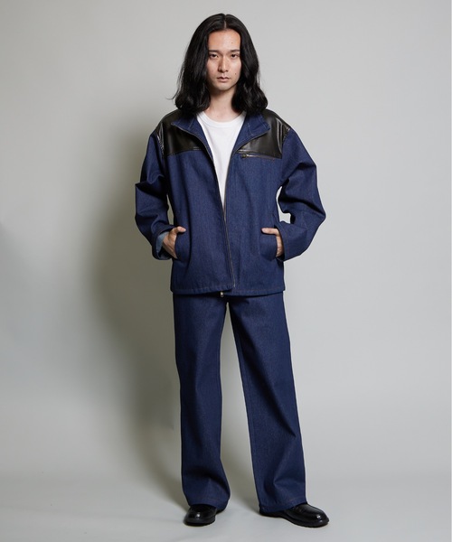 MandO（Auntie Rosa）（エムオー）の「【MandO】合皮配色ジップデニムジャケット/セットアップ可（デニムジャケット・メンズ・ブラック/インディゴブルー・MEDIUM/LARGE）」の10枚目の写真