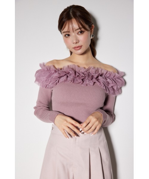 rienda（リエンダ）の「チュールフリルオフショルニットトップス
