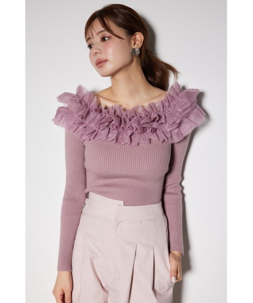 rienda（リエンダ）の「チュールフリルオフショルニットトップス