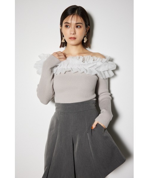 チュールフリルオフショルニットトップス（ニット/セーター）｜rienda
