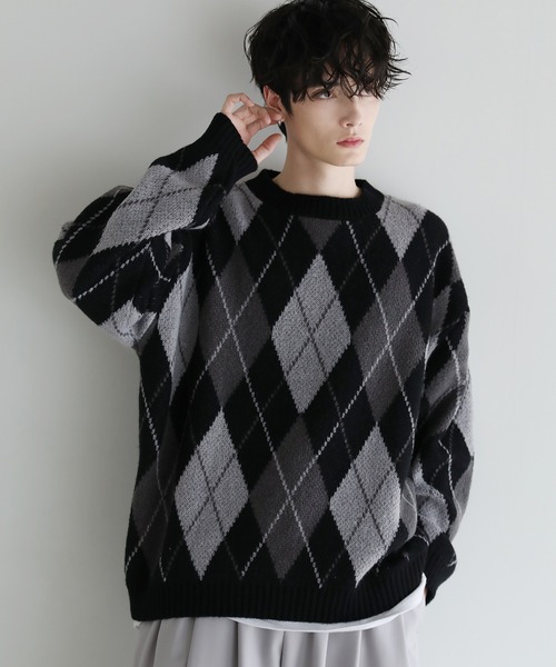 ASTRONOMY(アストロノミー)の「Buyer's select/モヘアライクジャガード総柄クルーネックニット(ニット/セーター・メンズ・ブラック系/グレー系2/ブラック系2/ネイビー系・M/L)」の1枚目の写真