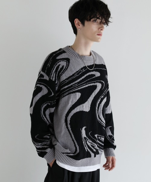ASTRONOMY(アストロノミー)の「Buyer's select/モヘアライクジャガード総柄クルーネックニット(ニット/セーター・メンズ・ブラック系/グレー系2/ブラック系2/ネイビー系・M/L)」の2枚目の写真