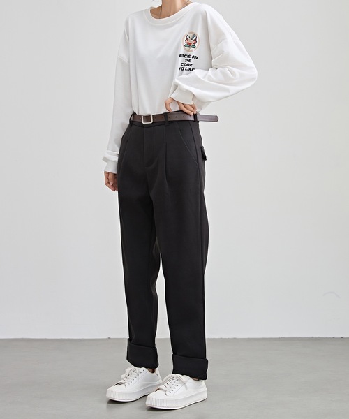 Lace Ladies(レースレディース)の「裏起毛 ストレート ロールアップ タック パンツ(スラックス・レディース・ブラック/ブラウン・L/XL/XS/S/M)」の4枚目の写真
