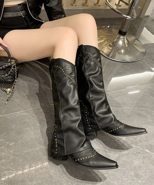 セール】スタッズ付き レッグカバー風 ロング ウエスタン ブーツ