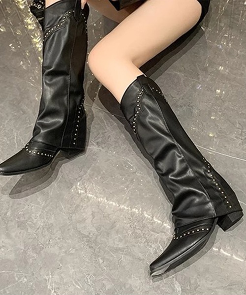 Lace Ladies(レースレディース)の「スタッズ付き レッグカバー風 ロング ウエスタン ブーツ(ブーツ・レディース・ブラック・23cm/23.5cm/24cm/24.5cm/25cm/22.5cm)」の2枚目の写真