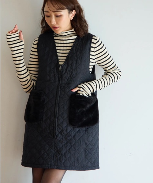 M y u(ミュー)の「ファーポケット キルティング ジレワンピ(ワンピース・レディース・ブラック・FREE)」の18枚目の写真