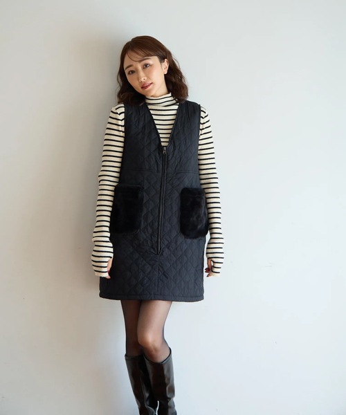 M y u(ミュー)の「ファーポケット キルティング ジレワンピ(ワンピース・レディース・ブラック・FREE)」の16枚目の写真