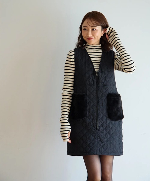M y u(ミュー)の「ファーポケット キルティング ジレワンピ(ワンピース・レディース・ブラック・FREE)」の15枚目の写真