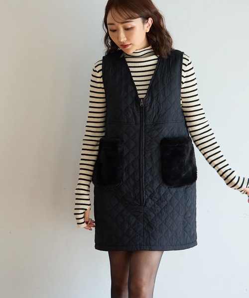 M y u(ミュー)の「ファーポケット キルティング ジレワンピ(ワンピース・レディース・ブラック・FREE)」の14枚目の写真