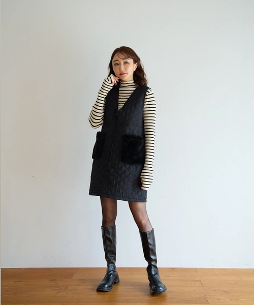 M y u(ミュー)の「ファーポケット キルティング ジレワンピ(ワンピース・レディース・ブラック・FREE)」の12枚目の写真