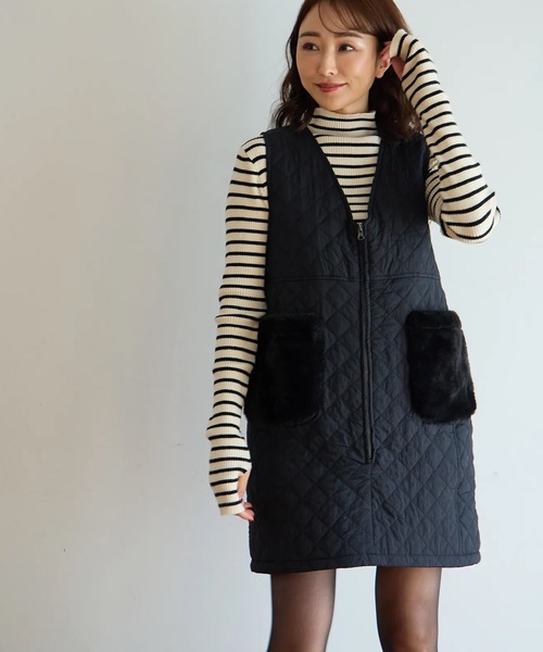 M y u(ミュー)の「ファーポケット キルティング ジレワンピ(ワンピース・レディース・ブラック・FREE)」の11枚目の写真