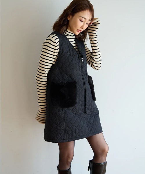 M y u(ミュー)の「ファーポケット キルティング ジレワンピ(ワンピース・レディース・ブラック・FREE)」の10枚目の写真
