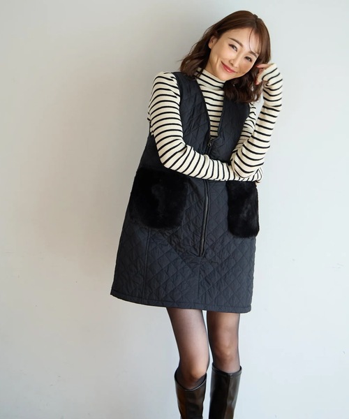 M y u(ミュー)の「ファーポケット キルティング ジレワンピ(ワンピース・レディース・ブラック・FREE)」の9枚目の写真