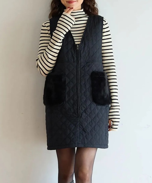 M y u(ミュー)の「ファーポケット キルティング ジレワンピ(ワンピース・レディース・ブラック・FREE)」の17枚目の写真