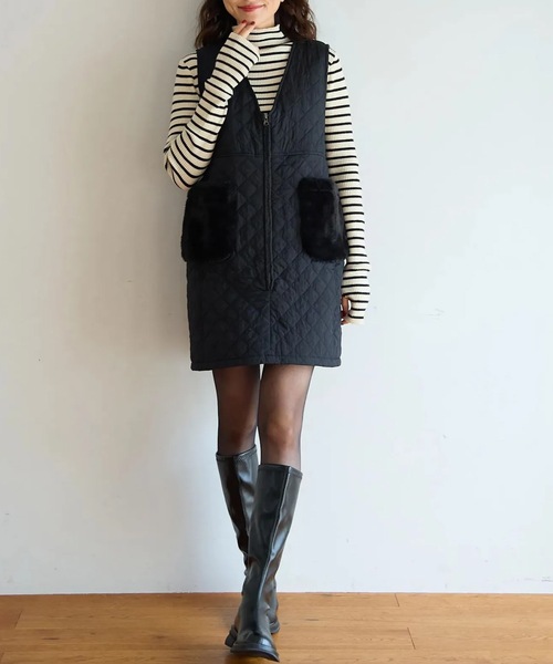 M y u(ミュー)の「ファーポケット キルティング ジレワンピ(ワンピース・レディース・ブラック・FREE)」の8枚目の写真