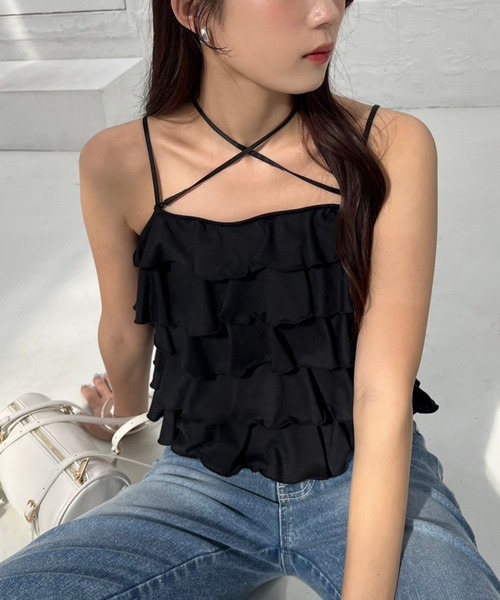 新品未使用 LATUI ATELIER フリル付きブラックキャミソール LATUI