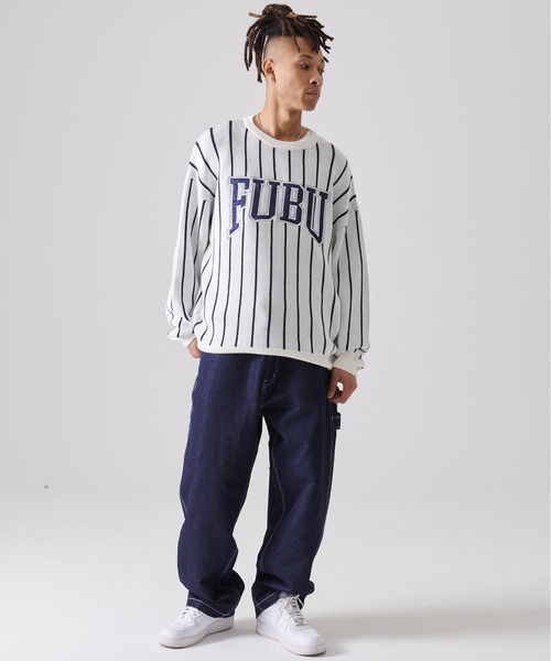 FUBU( フブ)の「FUBU フブ ブランド ロゴ 刺繍 ワッペン ストライプ クルーネック ニット プルオーバー セーター(ニット/セーター・メンズ・オフホワイト/ブラック・M/XXL/XL/L)」の7枚目の写真