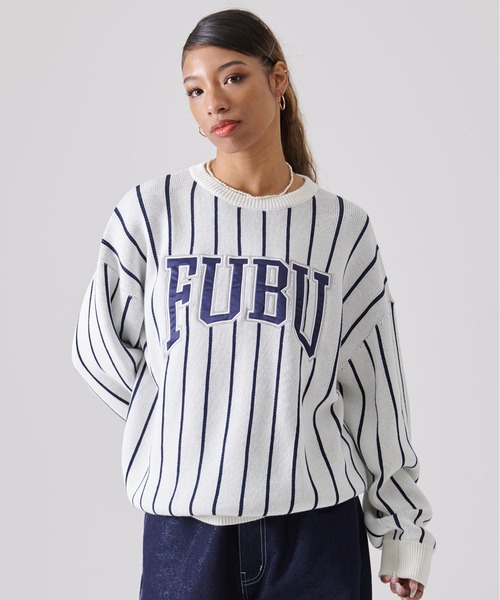 FUBU( フブ)の「FUBU フブ ブランド ロゴ 刺繍 ワッペン ストライプ クルーネック ニット プルオーバー セーター(ニット/セーター・メンズ・オフホワイト/ブラック・M/XXL/XL/L)」の9枚目の写真