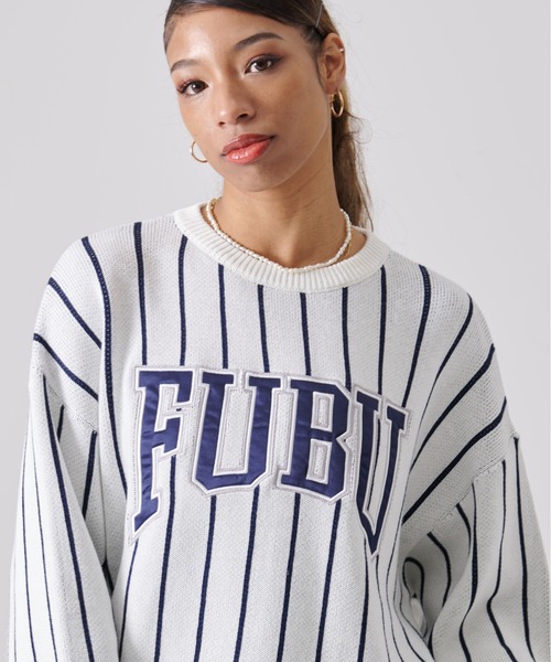 FUBU( フブ)の「FUBU フブ ブランド ロゴ 刺繍 ワッペン ストライプ クルーネック ニット プルオーバー セーター(ニット/セーター・メンズ・オフホワイト/ブラック・M/XXL/XL/L)」の8枚目の写真