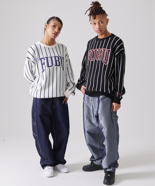 FUBU( フブ)の「FUBU フブ ブランド ロゴ 刺繍 ワッペン ストライプ クルーネック ニット プルオーバー セーター(ニット/セーター・メンズ・オフホワイト/ブラック・M/XXL/XL/L)」の4枚目の写真