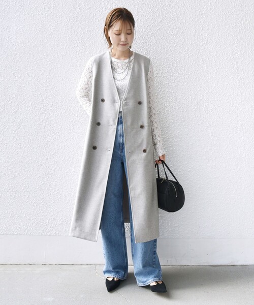 SHIPS(シップス)の「〈手洗い可能〉シャークスキン ジレ ワンピース(ワンピース・レディース・ベージュ/ネイビー・ONE SIZE)」の6枚目の写真