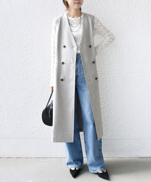 SHIPS(シップス)の「〈手洗い可能〉シャークスキン ジレ ワンピース(ワンピース・レディース・ベージュ/ネイビー・ONE SIZE)」の3枚目の写真