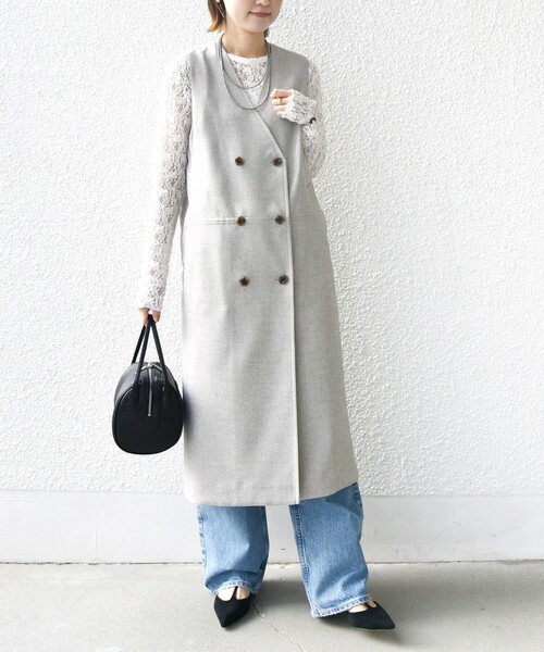 SHIPS(シップス)の「〈手洗い可能〉シャークスキン ジレ ワンピース(ワンピース・レディース・ベージュ/ネイビー・ONE SIZE)」の7枚目の写真
