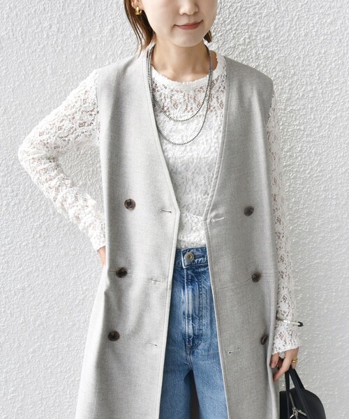 SHIPS(シップス)の「〈手洗い可能〉シャークスキン ジレ ワンピース(ワンピース・レディース・ベージュ/ネイビー・ONE SIZE)」の8枚目の写真