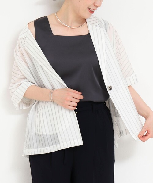 MICO COULIER(ミコクリエ)の「スクエアネックサテンドッキングタンクトップ(Tシャツ/カットソー・レディース・キナリ/ブラック/オフホワイト/チャコールグレー・38)」の14枚目の写真