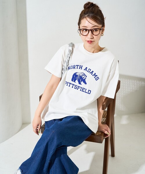 FREAK'S STORE(フリークスストア)の「限定展開 アニマル カレッジ 半袖 Tシャツ(Tシャツ/カットソー・レディース・スミクロ/オレンジ/ネイビー/ライトグレー/ブラック/ライトベージュ/オフホワイト/ナチュラル・フリ-)」の10枚目の写真