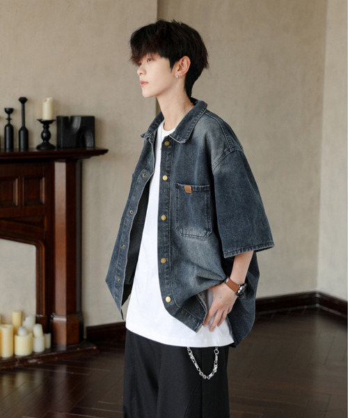 neos(ネオス)の「【neos】ルーズシルエット ヴィンテージライク ワンポイント ハーフスリーブ デニム シャツ(シャツ/ブラウス・メンズ・ブラック/ブルー・MEDIUM/X-LARGE/LARGE)」の9枚目の写真