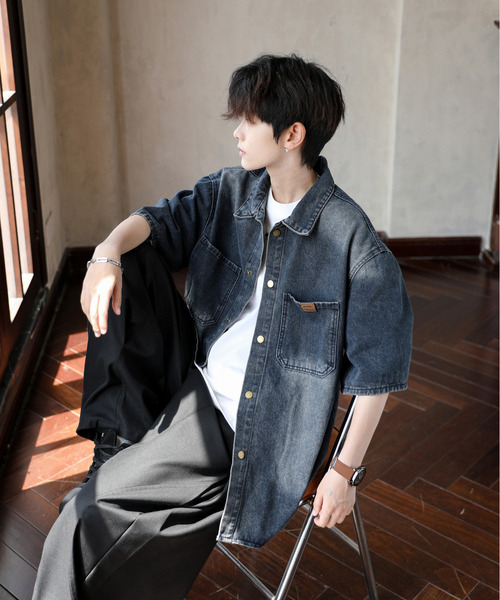 neos(ネオス)の「【neos】ルーズシルエット ヴィンテージライク ワンポイント ハーフスリーブ デニム シャツ(シャツ/ブラウス・メンズ・ブラック/ブルー・MEDIUM/X-LARGE/LARGE)」の12枚目の写真