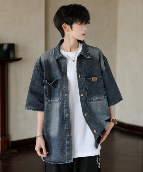 neos(ネオス)の「【neos】ルーズシルエット ヴィンテージライク ワンポイント ハーフスリーブ デニム シャツ(シャツ/ブラウス・メンズ・ブラック/ブルー・MEDIUM/X-LARGE/LARGE)」の13枚目の写真