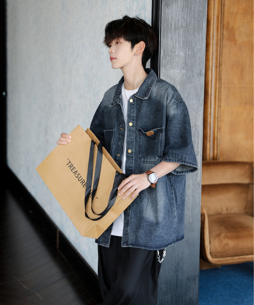 neos(ネオス)の「【neos】ルーズシルエット ヴィンテージライク ワンポイント ハーフスリーブ デニム シャツ(シャツ/ブラウス・メンズ・ブラック/ブルー・MEDIUM/X-LARGE/LARGE)」の14枚目の写真