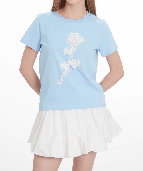 HOOK(フック)の「立体リボン花一輪デザインTシャツ (SS)(Tシャツ/カットソー・レディース・ブルー/ホワイト・MEDIUM/SMALL)」の10枚目の写真