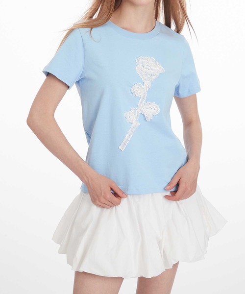 HOOK(フック)の「立体リボン花一輪デザインTシャツ (SS)(Tシャツ/カットソー・レディース・ブルー/ホワイト・MEDIUM/SMALL)」の11枚目の写真