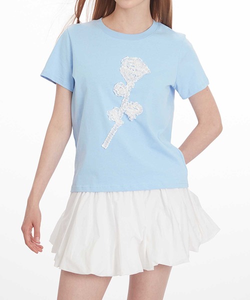 HOOK(フック)の「立体リボン花一輪デザインTシャツ (SS)(Tシャツ/カットソー・レディース・ブルー/ホワイト・MEDIUM/SMALL)」の12枚目の写真