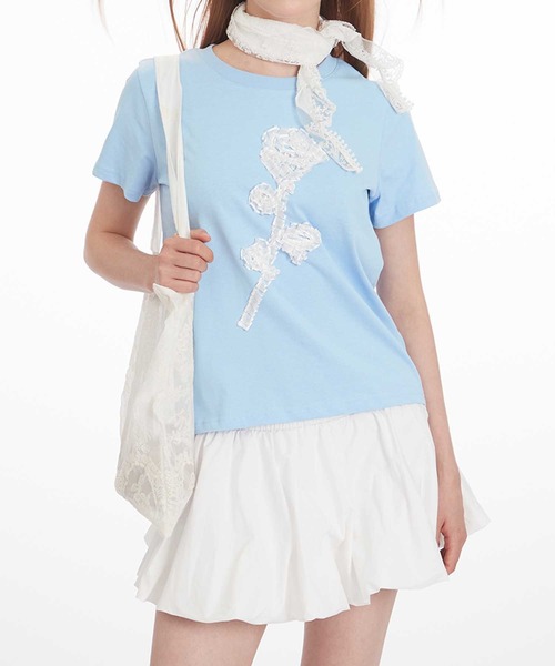 HOOK(フック)の「立体リボン花一輪デザインTシャツ (SS)(Tシャツ/カットソー・レディース・ブルー/ホワイト・MEDIUM/SMALL)」の13枚目の写真