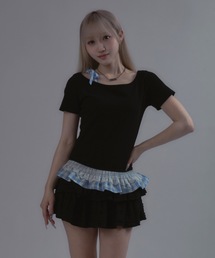 Shoulder Ribbon Striped Tops / ショルダーリボンストライプトップス