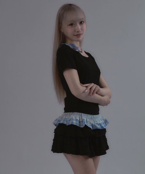 tinkerend(ティンカーエンド)の「Shoulder Ribbon Striped Tops / ショルダーリボンストライプトップス(Tシャツ/カットソー・レディース・ブラック・FREE)」の4枚目の写真